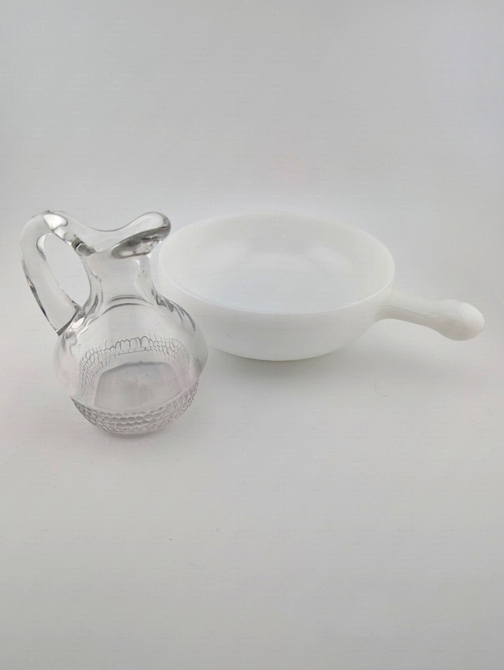 Vintage Milk Glass Soup Bowl With Handle & Tiny Pitcher